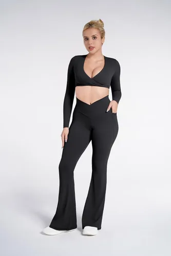 Vista 6 de Sunzel Leggings acampanados, pantalones deportivos y cruzados para yoga, con control de abdomen, cintura alta y piernas anchas
