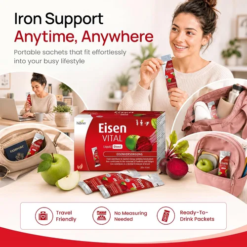 Vista 3 de hübner Iron Vital Suministro de hierro líquido más vitamina C, suplemento dietético para adultos y niños, vegano y sin gluten, sabor a fruta, caja
