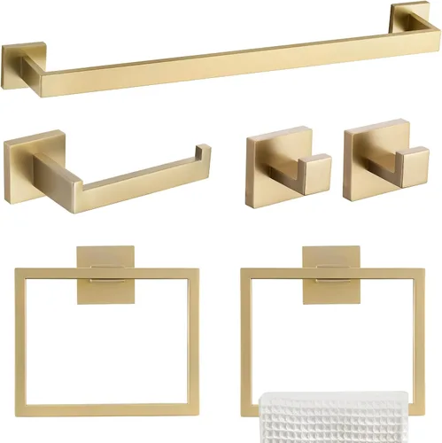Vista 12 de Juego de 4 soportes para toallas de baño, juego de accesorios de baño de acero inoxidable negro y dorado, montaje en pared, 23.6 pulgadas