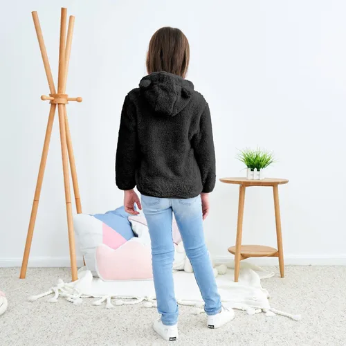 Vista 3 de Chaqueta con capucha de forro polar con cremallera para niñas y niños pequeños, abrigo de osito cálido de invierno Negro