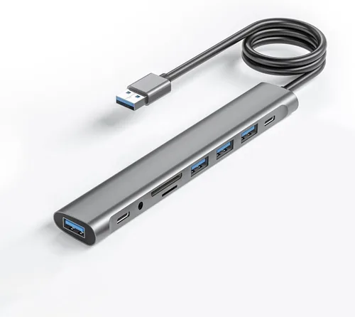 Vista 6 de Cable largo de concentrador USB, adaptador USB 3.0 de 8 puertos con 6 puertos de datos USB 3.0, datos USB-C, divisor USB con puerto de alimentación