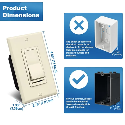 Vista 8 de BESTTEN Paquete de 2 interruptores de luz de pared con atenuador de almendra, compatible con LED regulable, CFL, bombilla incandescente y halógena