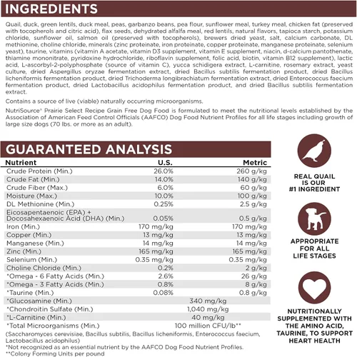 Vista 2 de NutriSource Prairie Select - Alimento para perros sin granos, hecho con codorniz y pato, 15 libras, comida seca para perros