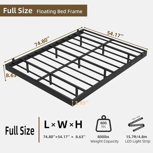 Vista 2 de Base de cama flotante de tamaño matrimonial con luces LED y estación de carga, marco de cama de plataforma de metal sintético negro, fácil montaje
