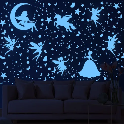 Vista 4 de Decoración de dormitorio de unicornio con estrellas que brillan en la oscuridad para niñas, calcomanías de pared de mariposa de hadas, calcomanías