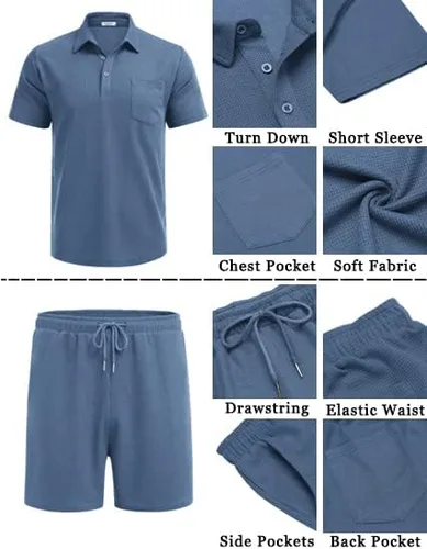 Vista 5 de COOFANDY - Conjunto de polo y pantalones cortos de punto acanalado para hombre, 2 piezas, atuendo de verano, traje casual deportivo con bolsillos