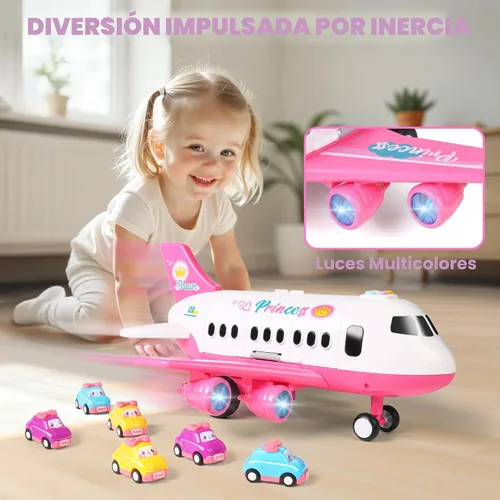 Vista 5 de Dwi Dowellin Juguete de avión rosa con 6 camiones y tapete de juego, avión con luces y sonidos para niños y niñas de 3, 4, 5, 6, 7 años