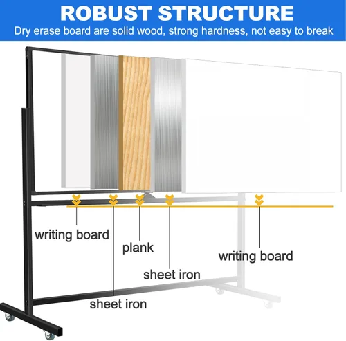 Vista 3 de Max-officoo Pizarra Blanca Grande de Borrado en Seco con Soporte Rodante 72"x48" Pizarra Blanca Magnética Móvil de Doble Cara sobre Ruedas, Incluye
