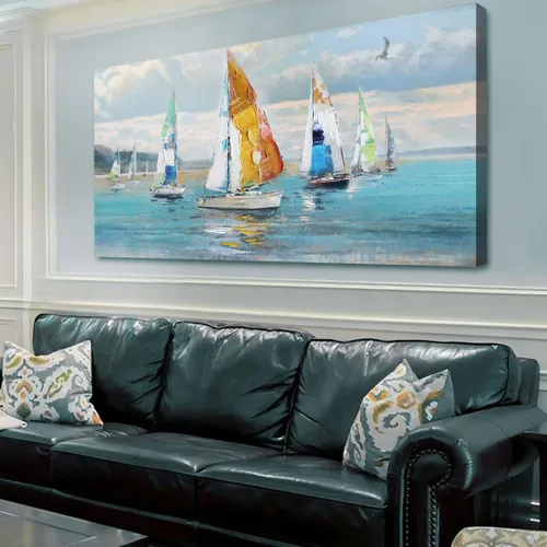 Vista 9 de Ardemy Arte de pared de barco de velero, arte abstracto azul con textura náutica, pintura costera grande para sala de estar, dormitorio, oficina