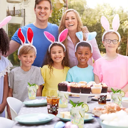Vista 6 de 100 vasos de plástico con diseño de conejo de Pascua, vasos desechables transparentes de 12 onzas para Pascua, primavera, fiestas de cumpleaños
