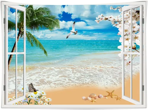 Vista 13 de HVEST Tapiz de playa para colgar en la pared, paisaje tropical azul océano, tapiz natural para dormitorio, palmera verde con cielo azul, nube