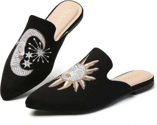 Vista 25 de Tilocow Mules para mujer, cómodos mocasines puntiagudos, sin espalda, planos, zapatos casuales de negocios, deslizantes, sin cordones beige
