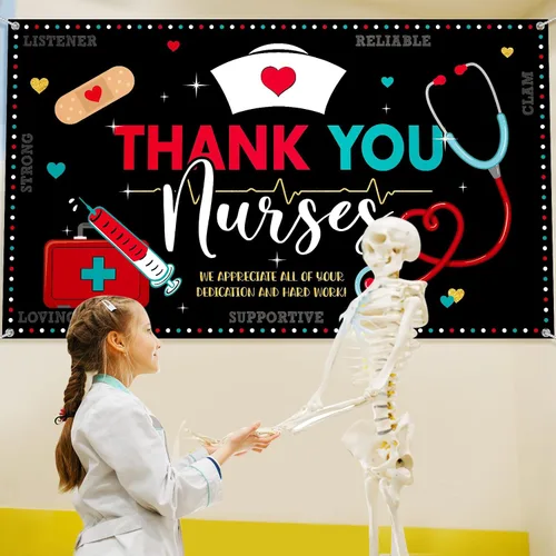 Vista 5 de Tudomro Decoración de fiesta de enfermera, pancarta de fondo con temática de enfermería, ideal para el día del médico, fiesta de graduación de Negro