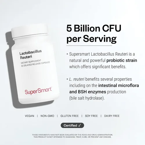 Vista 5 de Supersmart - Lactobacillus Reuteri 5 Billion CFU per Day - Probiotic Supplement Non-GMO & Gluten Free - 60 DR Capsules 5 billion UFC per day