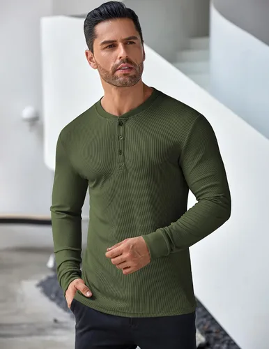 Vista 26 de COOFANDY Camisas Henley de manga larga para hombre, camisetas elásticas acanaladas, camisetas básicas casuales de moda