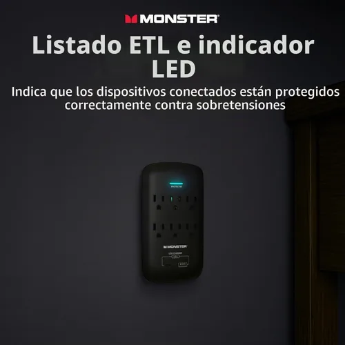 Vista 6 de Monster Protector de sobretensiones de enchufe de pared de 6 tomas, 1200 julios, extensor de toma de pared con 1 puerto de carga USB-A y 1 puerto