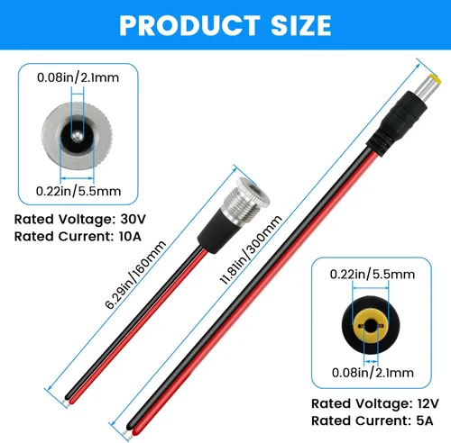 Vista 2 de SDTC Tech 3 juegos 0.217 x 0.083 in 10A DC Power Jack Socket Roscado hembra adaptador de conector de montaje y 12V macho DC Power Pigtail Cable