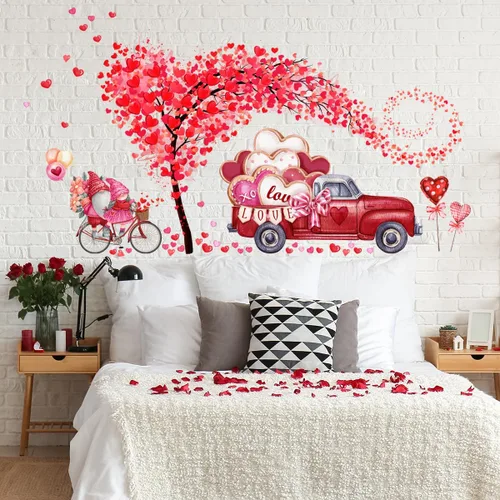 Vista 5 de Calcomanías de pared para el día de San Valentín, 2 hojas de calcomanías de pared de árbol de corazón, gnomo rojo, calcomanías de pared extraíbles
