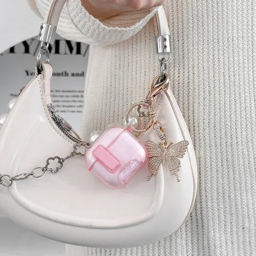Vista 6 de Bonita funda rosa para Airpods de 4 generación con cerradura y llavero de mariposa brillante para mujeres femeninas, funda rígida transparente única