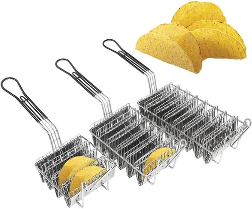 Vista 3 de SOTECH Cesta de tortilla para freír en la cocina, molde para freír para freír y freír grasa profunda, cesta cuadrada de acero inoxidable (4 conchas)