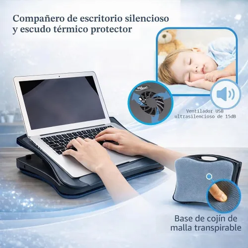 Vista 4 de MAX SMART Soporte de regazo para laptop con alfombrilla de mouse adjunta, cojín y ventilador de refrigeración USB, soporte antideslizante