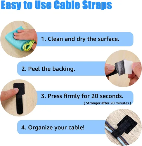 Vista 6 de 80 bridas para cables de gancho y bucle, correas de cable de gancho y bucle, gestión de cables debajo del escritorio, clips adhesivos para cables