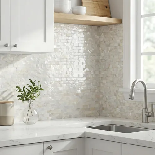 Vista 3 de 1 - Lámina de azulejos de conchas de perla para despegar y pegar, protector contra salpicaduras adhesivo para cocina, baño, dormitorio