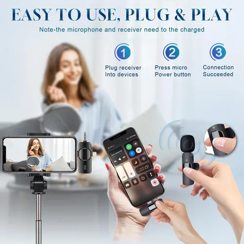 Vista 4 de Micrófono Lavalier inalámbrico 3 en 1 para iPhone, iPad, Android, cámara, batería de 12 horas, mini micrófono de grabación con reducción de ruido