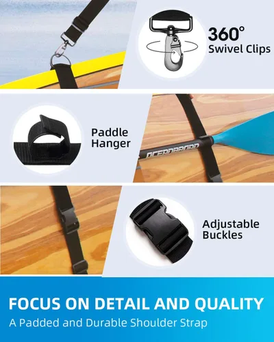 Vista 2 de OCEANBROAD Correa de transporte de hombro ajustable con clips para kayak SUP Correa de hombro de la nueva versión, accesorios universales