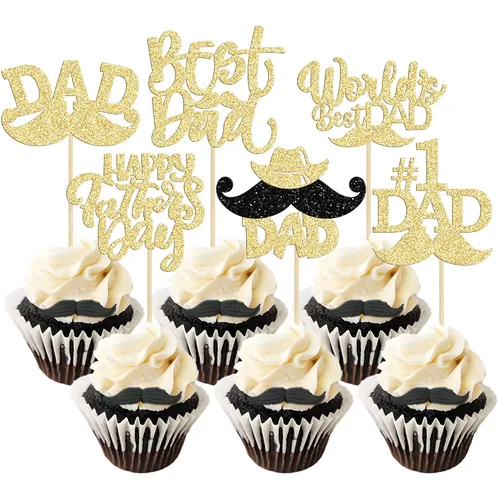 Vista 21 de Gyufise 24 piezas de decoración para cupcakes con bigote con purpurina negra del mundo para el mejor papá del mundo, decoraciones para el Día