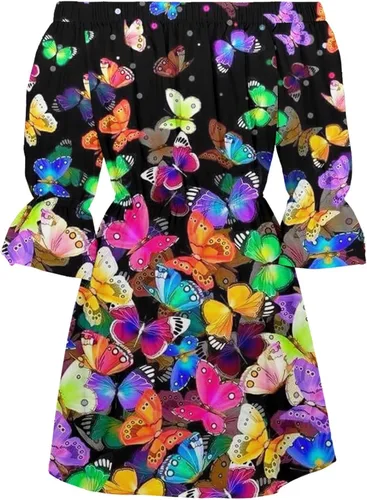 Vista 4 de Ceboyel Vestido de verano floral con hombros descubiertos para mujer, vestido corto con volantes, vestido sexy fluido para crucero, ropa de playa