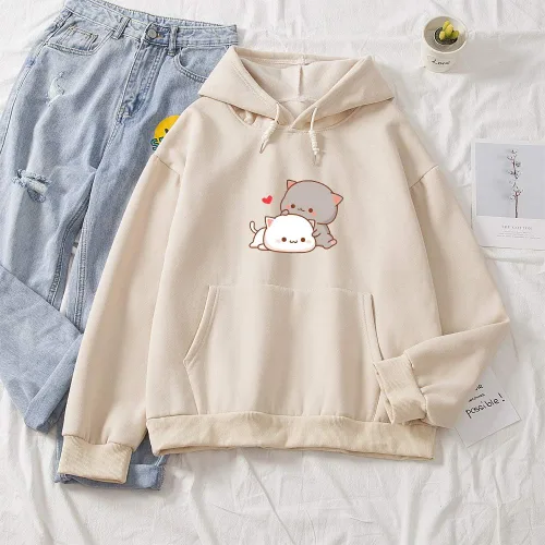 Vista 2 de Sudadera con capucha de algodón casual con diseño de gato de dibujos animados Kawaii para mujer