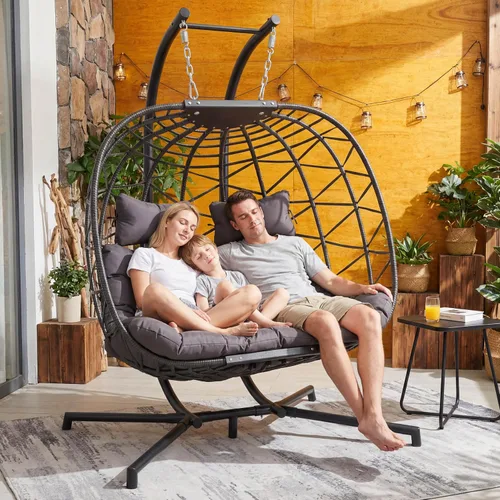 Vista 10 de RADIATA Silla de huevo al aire libre con soporte, silla colgante de mimbre Dorado/Beige
