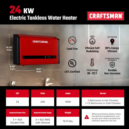 Vista 2 de CRAFTSMAN Calentador de agua eléctrico sin tanque de 24 kW, 240 voltios, 3.74 GPM, tecnología auto-modulante multiaplicación para toda la casa, agua