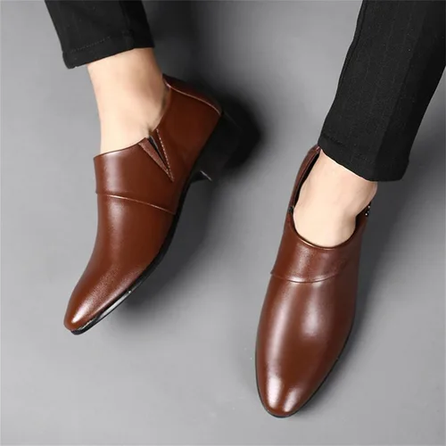 Vista 3 de Zapatos de vestir de esmoquin de cuero para hombre clásicos sin cordones formales estilo Oxford a la moda casual de cuero puntiaguda antideslizante