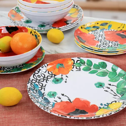 Vista 2 de Elama Grace - Juego de vajilla de melamina de 12 piezas, multicolor, rojo, amarillo, verde, azul
