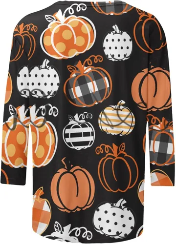 Vista 5 de Camisas de Halloween 2023 para mujer, camisetas casuales con gráficos de calabaza, camisetas de manga 34, blusa tipo túnica de cuello redondo