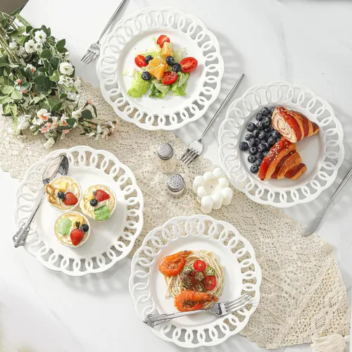 Vista 6 de Juego de 4 platos de cena de 10 pulgadas con borde de encaje, nuevos platos redondos de porcelana color hueso con diseño único de ahuecamiento