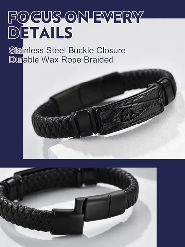 Vista 4 de Bandmax Pulsera trenzada de cuero negro para hombre con colgante gótico punk, pulsera de cuero con hebilla de acero inoxidable, paquete de regalo