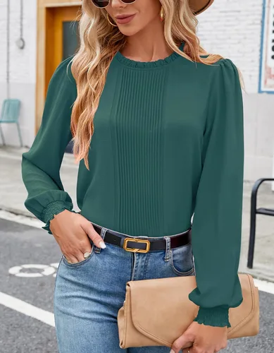 Vista 4 de Aifer Blusas de manga larga abombada con cuello alto falso y volantes para mujer, camisas de trabajo plisadas al frente, camisas de trabajo casuales
