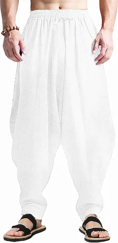 Vista 19 de perdontoo Pantalones harén para hombre, ajuste holgado, cintura elástica, cordón ajustable, pantalones hippie Aladdin beige