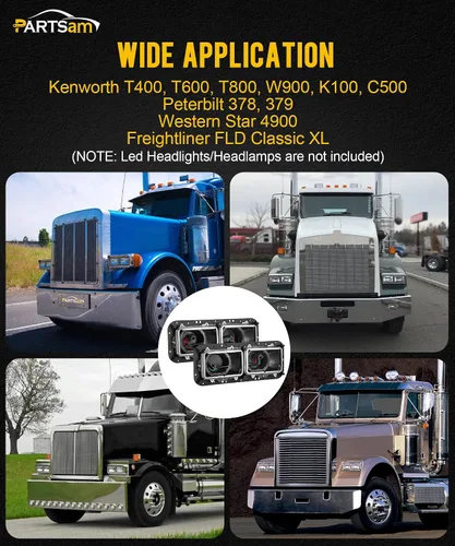 Vista 6 de Base de carcasa de faro PARTSam con enchufes H4, arneses de cableado, bisel de acero inoxidable de repuesto para Kenworth T600 T800 W900, Peterbilt