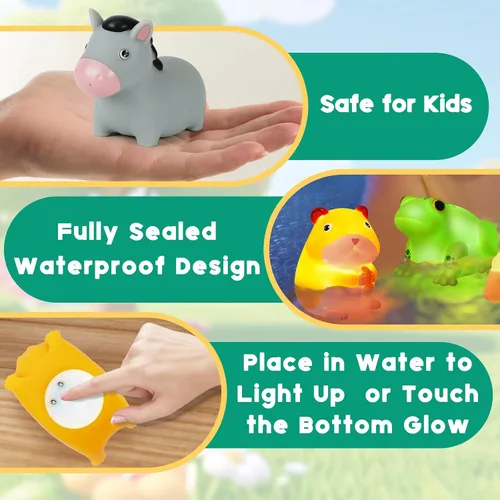 Vista 4 de Juguetes de baño para niños pequeños de 1 a 3: 6 piezas de juguetes de baño de animales de granja iluminados, juguetes de baño para bebés, juguete