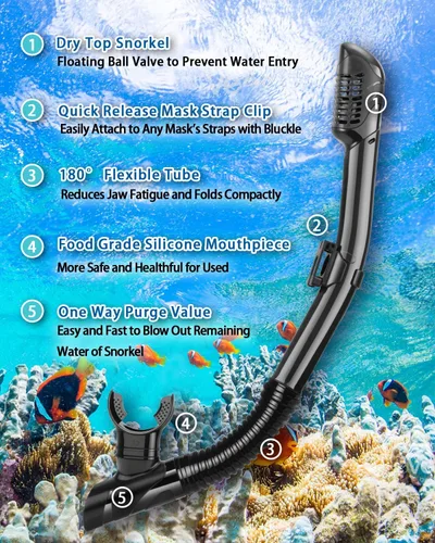 Vista 4 de Snorkeling Gear for Adults, Adult Snorkel Set with Panoramic Anti-Leak and Anti-Fog Tempered Glass Snorkel Mask, Dry Top Snorkel, Snorkle Mask Set