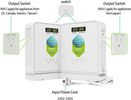 Vista 3 de UMI Convertidor de Voltaje Reductor de 800 Vatios 220V a 110V para Electrodomésticos de EE.UU. Canadá Japón para Uso en Europa y Asia Sistema