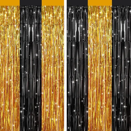 Vista 25 de Paquete de 2 cortinas de flecos de papel de oropel metálico negro, serpentinas de puerta, telón de fondo para cabina de fotos para fiesta