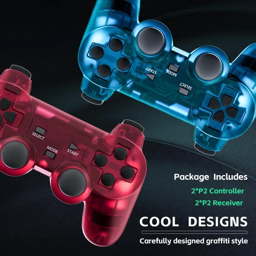 Vista 3 de Burcica Wireless Controller for PS-2 Play 2 Double Vibration 2 - Black and ClearRed