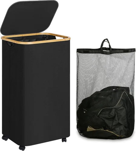 Vista 23 de iEGrow - Cesta de lavandería delgada de 65L, cesta de lavandería estrecha con tapa, cesta de ropa plegable con asas de bambú, cesta de lavandería
