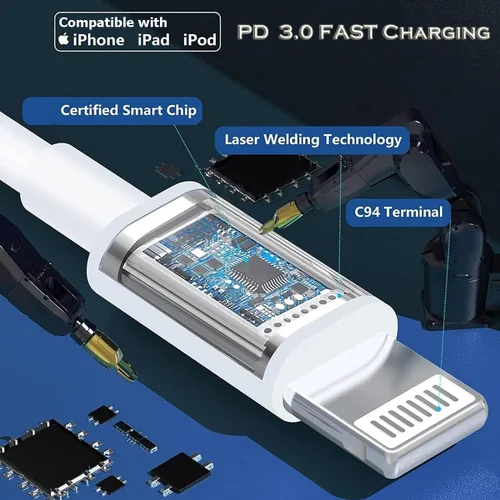 Vista 5 de Cargador para iPhone de carga rápida, paquete de 2 bloques de adaptador de cargador de pared USB C de 3 metros con cable USB C a Lightning de carga