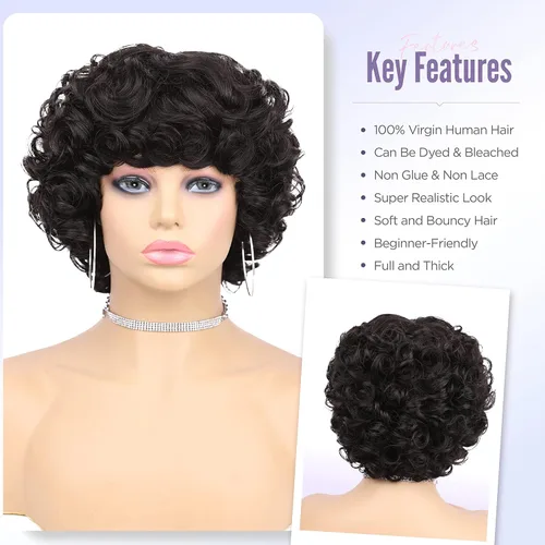 Vista 3 de Pelucas de cabello humano corto rizado Bob peluca para mujeres negras, sin encaje, peluca rizada grande con flequillo, corte pixie, pelucas Negro